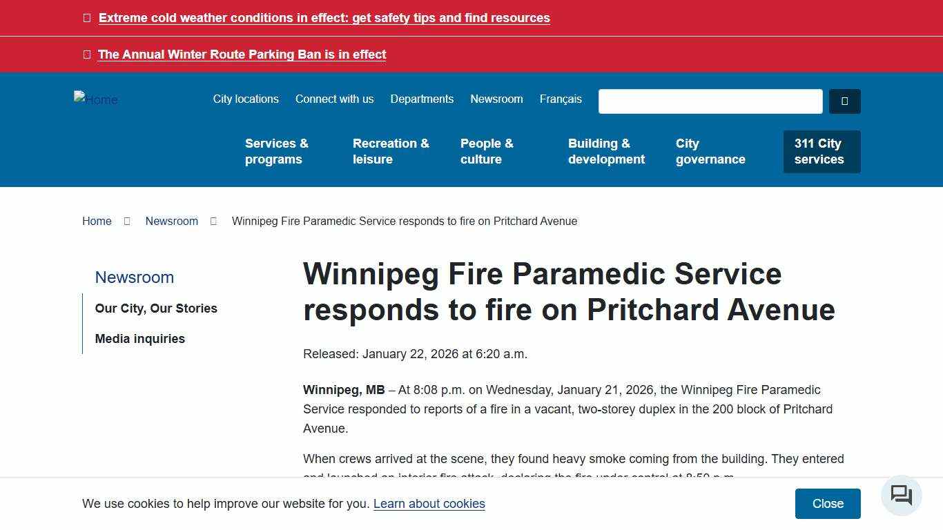 Winnipeg Fire Paramedic Service responds to fire on Pritchard Avenue City of Winnipeg